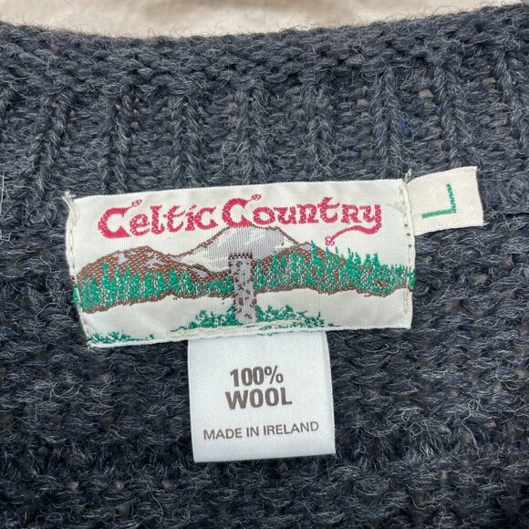 CELTIC COUNTRY Wool Sweater Mens Large Chunky Gray Fisherman Pullover Ireland - Picture 3 of 4